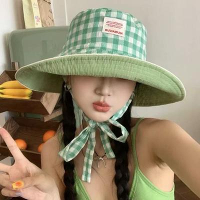 Oboustranná kostkovaná kbelíková čepice se širokým okrajem a šněrováním, letní, venkovní, univerzální, ochrana proti slunci, sladká, kontrastní barva, kostkovaná, dámské čepice