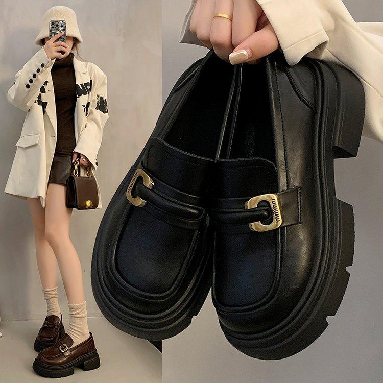 British style platform heightening small leather shoes women's French one-pedal not tired feet single shoes 2025 new black loafers