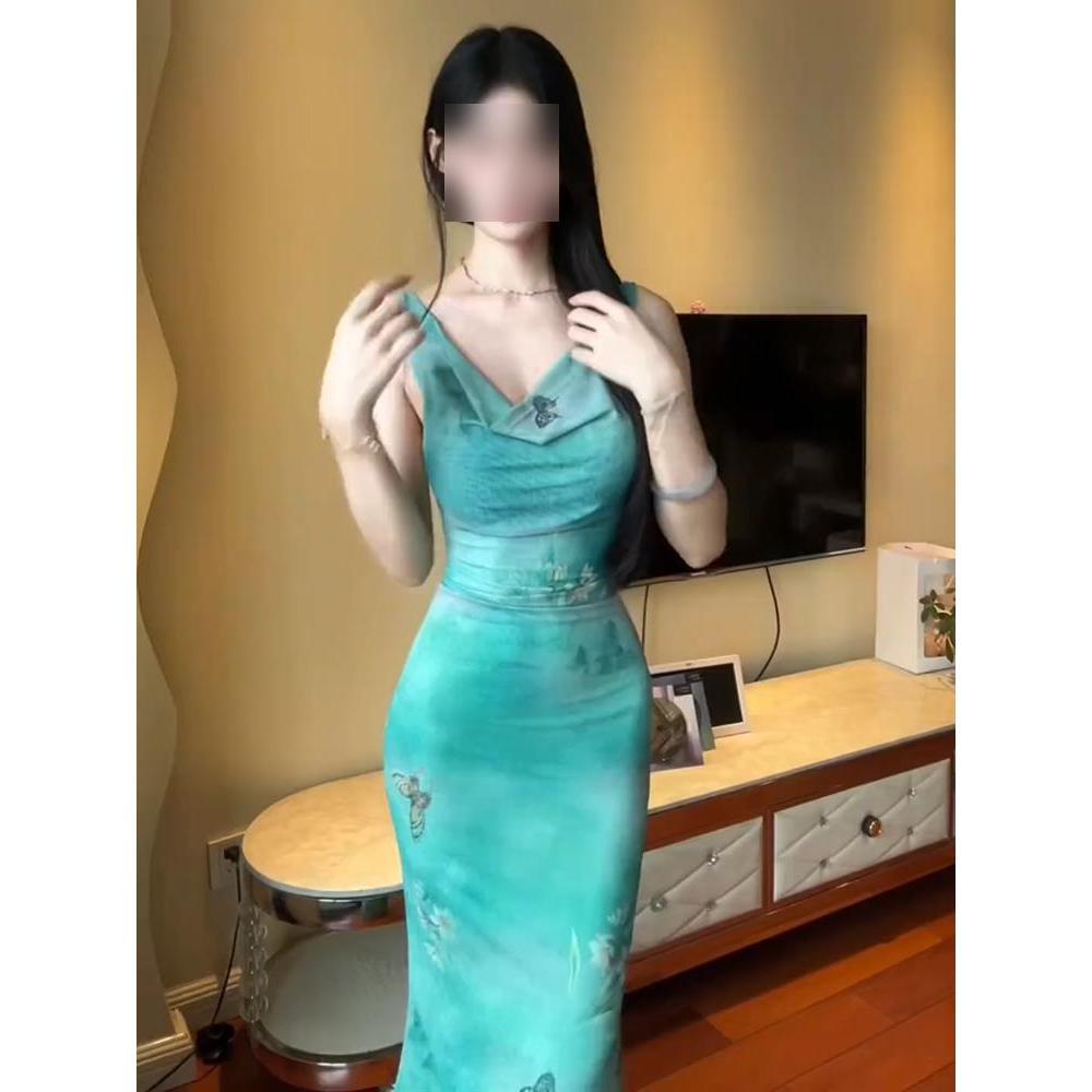 Pure desire wind butterfly printing mesh dress women's hot summer temperament swing collar waist slim sleeveless hip wrap long skirt