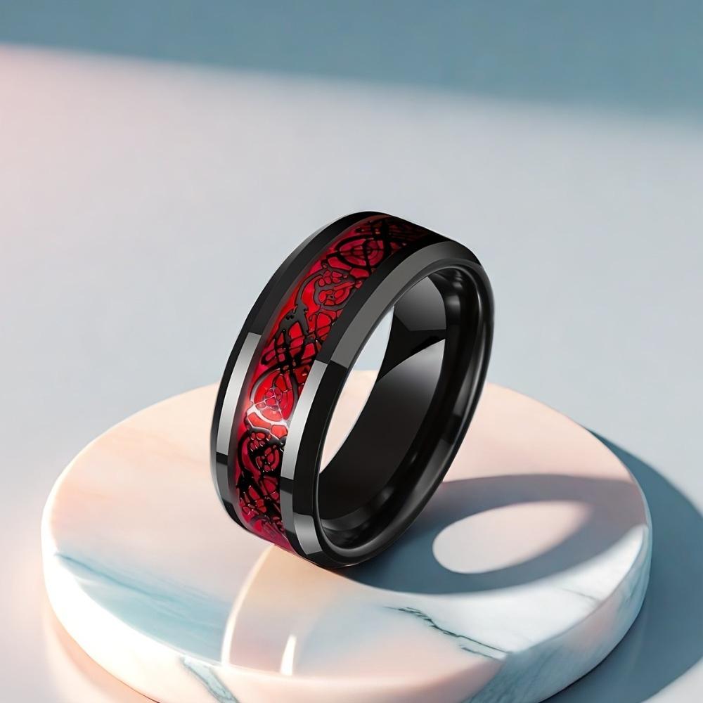 Anelli Romantici Goth Intarsiati Cristallo Rosso Zircone Forma di Cuore Motivo Doppio Drago per Coppia Donne Uomini Gioielli Lussuosi Scintillanti Regalo