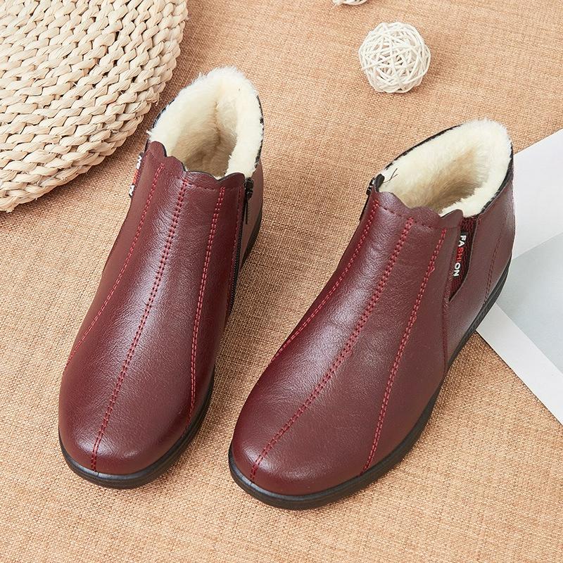 Winterschuhe, Baumwollschuhe, Weichsohlige Stiefeletten, Damen Plus Samt Warme Stiefel, Flachbodige Baumwolllederschuhe