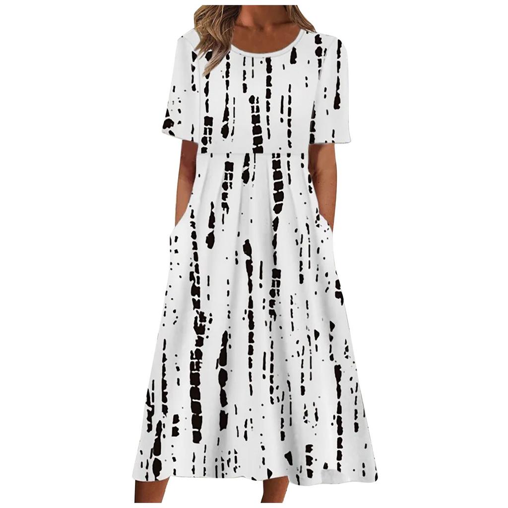 Women's Summer Casual Fashion Printed Short Sleeve 2022 O-Neck Pocket Dress