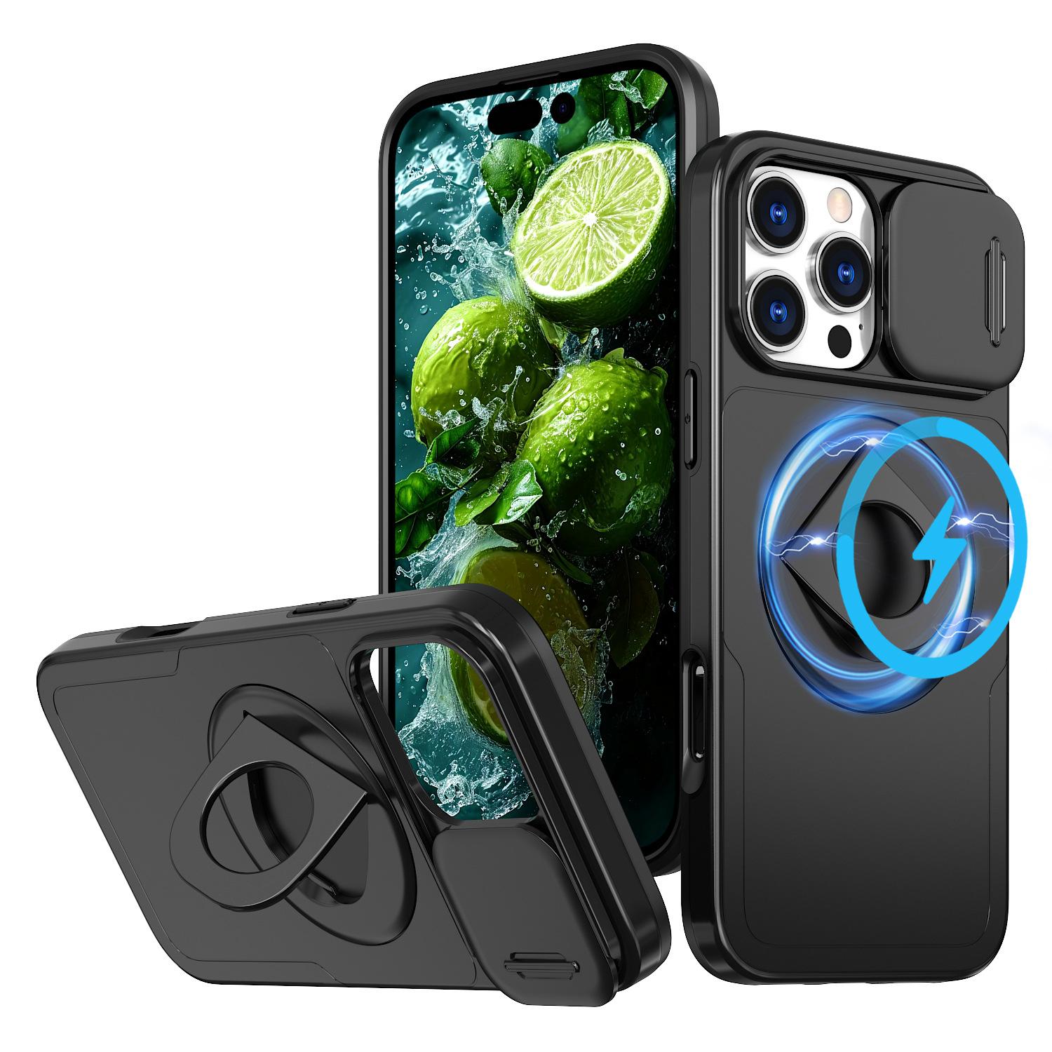 Compatible with iPhone 17 Pro Max skin-feel phone case, sliding window full coverage, rotating ring magnetic stand, Apple 16 ip 17promax (without sliding window) чёрный