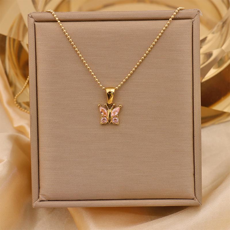 Retro Commuter Christmas Necklace: 18K Plated Titanium Steel with Zircon Inlaid Colorful Butterfly Pendant for Women