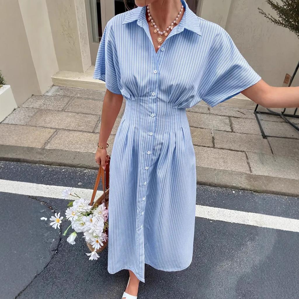 Abito midi casual da donna a maniche corte con colletto a camicia, bottoni sul davanti, plissettato, a righe rosa