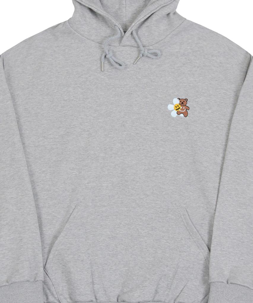 [Unisex] Flower Bear Embroidered Smile Hoodie_Gray