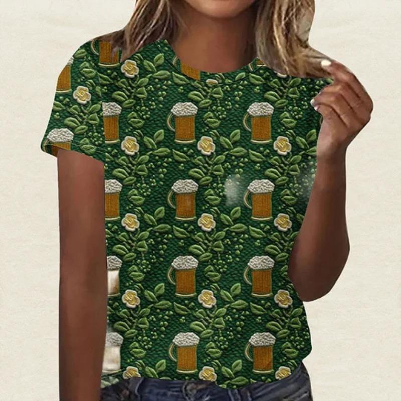Summer Round Neck 3D St. Patrick's Day Print Top Fashionable Casual Short Sleeved Women's T-shirts
