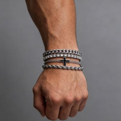 4PCS Stainless Steel Cross Cuban Bracelets For Men Punk Silver Color Crystal Twist Chain Bracelet