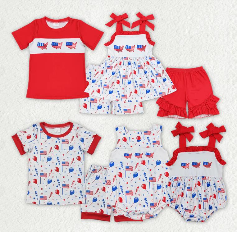 Sibling Boys Baby Girls 4th of July Flags Balloons Kids Outfits Sets