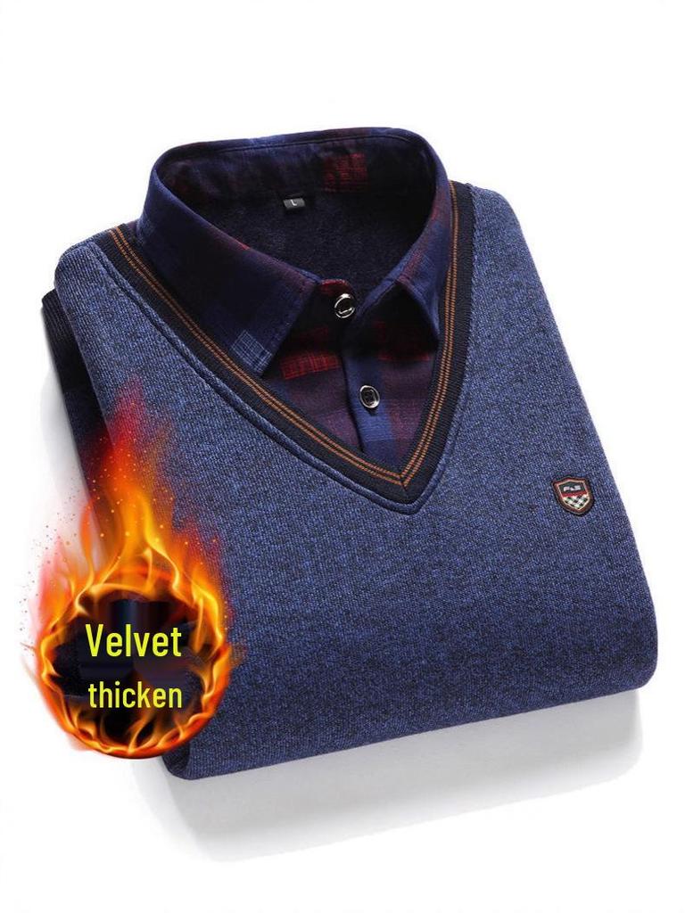 Middle-aged Men's Warm Knitted Sweater - Fake Two-Piece, Plus Velvet, Thick Long Sleeve Winter Outfit for Dad