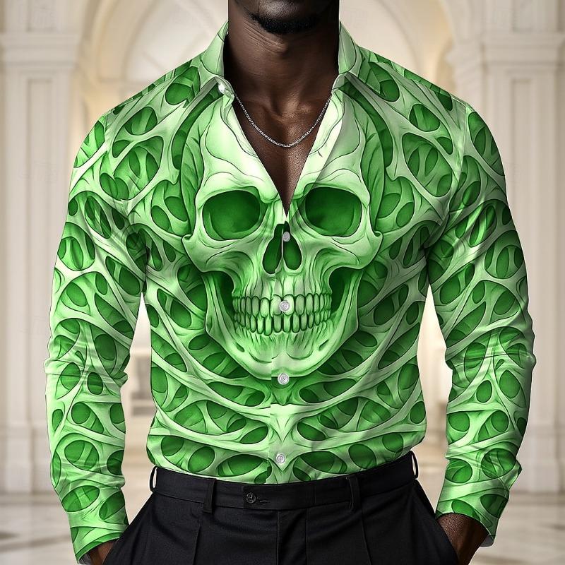 Herren Schädel Halloween Kostüme Hemd Langarm Dunkel Gotischer Stil Feiertag Sommer Frühling Herbst Umlegekragen 3D Druck Knöpfe Hemd 2XL black