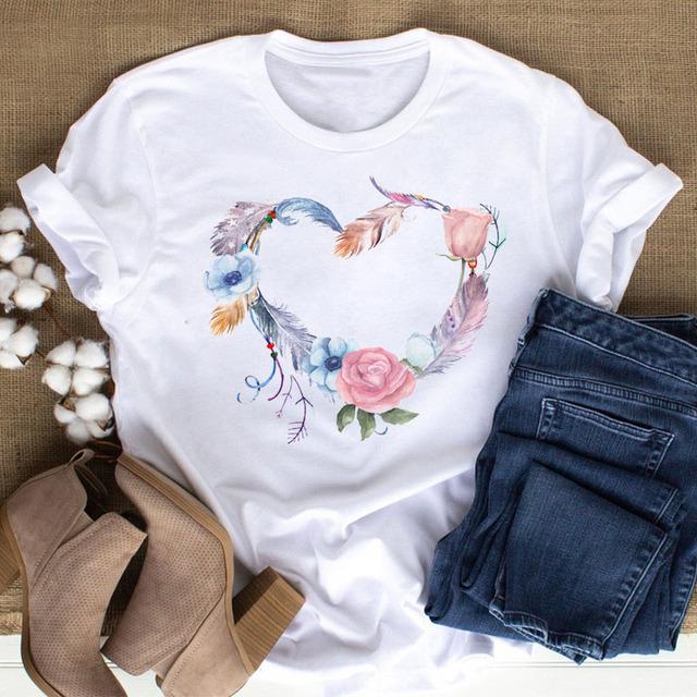 New Women Black T Shirt Feather Flower Love Heart Printed Tops Ladies Female Cute Graphic Tee Shirts Women O-Neck T-Shirts Tops