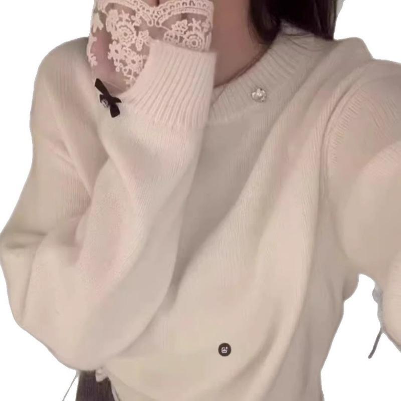 Korean Fashion Lace Splicing Knitted Pullover Sweater Women 2025 Winter New Loose Sweet Sweaters Solid Color O Neck Casual Simple Office Tops Clothing