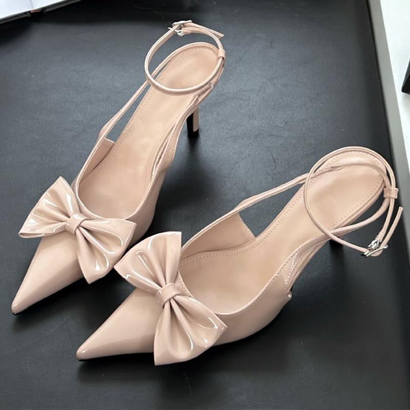 Fashion Nude Pink Butterfly-Knot Ankle Strap Women Pumps Sexy Pointed Toe Patent Leather High Heels Elegant Heeled Sandals Party Shoes