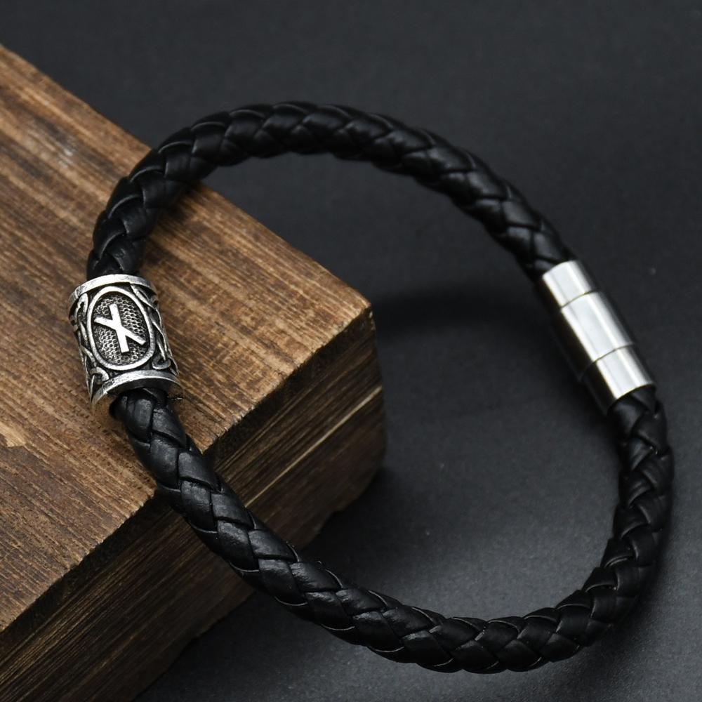 Мужской кожаный браслет в стиле викингов с руническими подвесками и бусинами, амулет Валькнут, регулируемый браслет для самостоятельного изготовления. 19cm