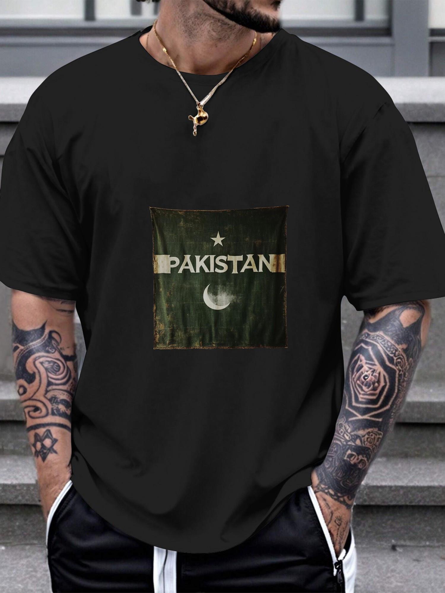 Pakistan Flag Graphic Black T-shirt - 180g Cotton Crew Neck Short Sleeve L