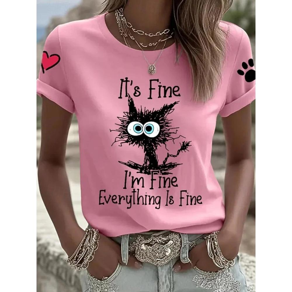 Fashion Women Retro Creative Black Cat Text Print T Shirt Funny Casual O-neck Short Sleeves T-shirt Summer Female Tee Shirt