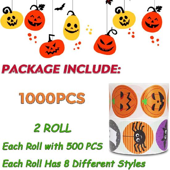 Halloween Stickers for Kids, 1000 Pcs Byhoo Halloween Pumpkin Bat Spider Stickers Roll, 16 Vibrant Colors and Designs, Round Seal Label Stickers,