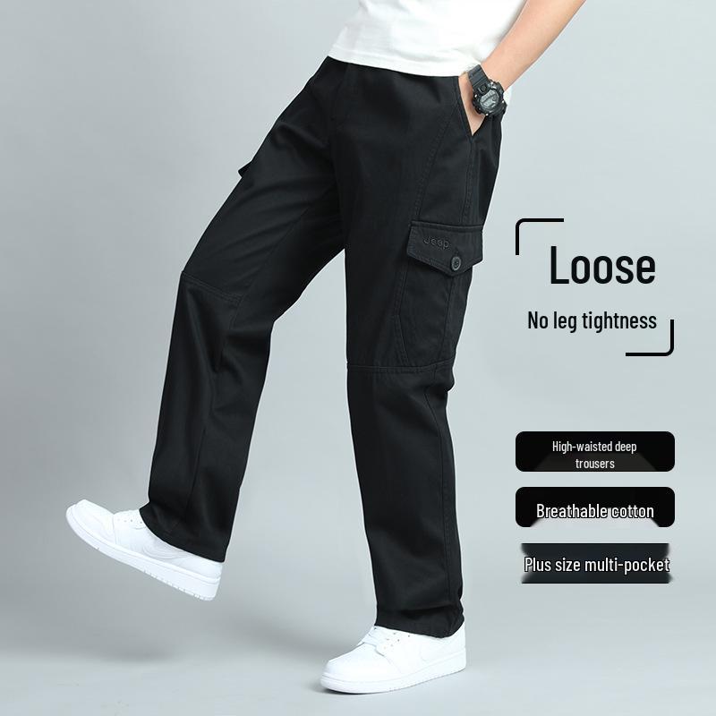 Men's Loose Fit Cotton Casual Pants with Multiple Pockets - Plus Size, Straight Leg, Ideal for Spring/Summer.