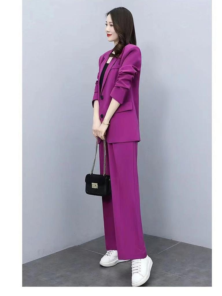 Frühling/Herbst Neuer Stil Set Business-Lady-Stil Schlank geschnitten Langarm-Blazer Weitbeinige Hose Damen Zweiteiliger Anzug