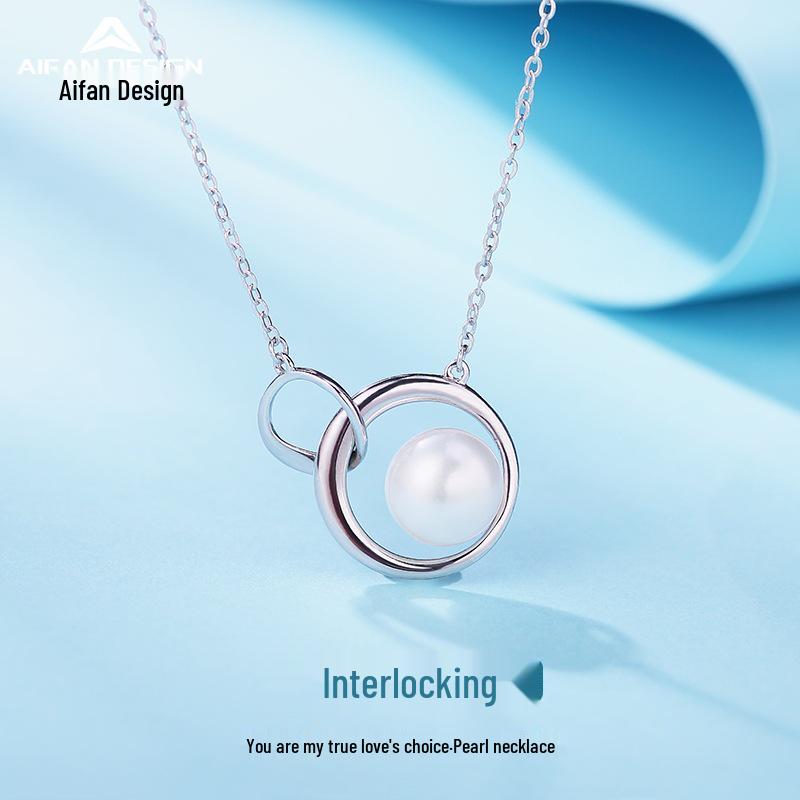 S925 Sterling Silver Freshwater Pearl Necklace for Women with Interlocking Rings Design