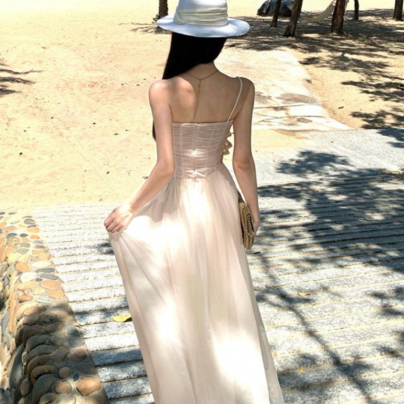 Mesh Splicing Tube Top Dress for Women's Summer Waist and Thin Temperament French Vacation Style A-word Long Skirt