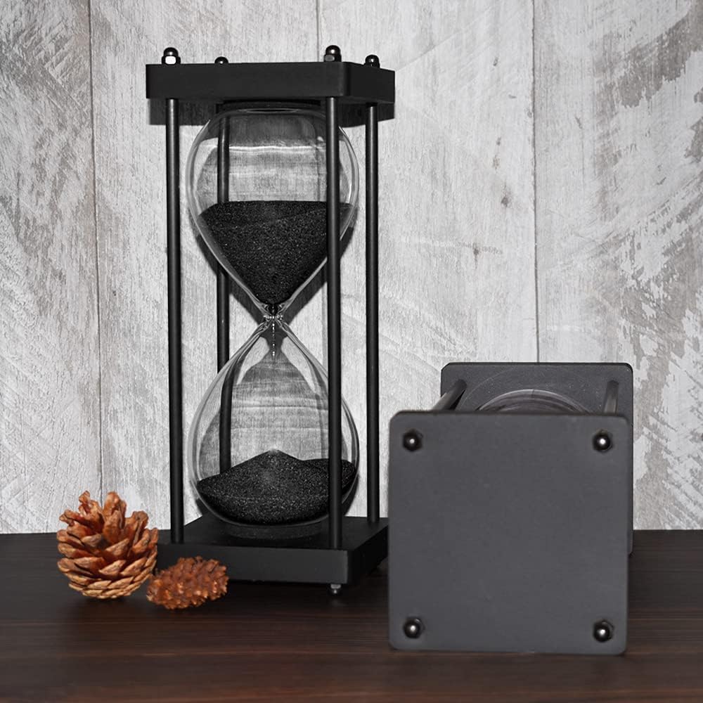 Hourglass Timer 60 Minute, Black Wooden Frame Decorative Sand Timer (Black Sand, Large Size)
