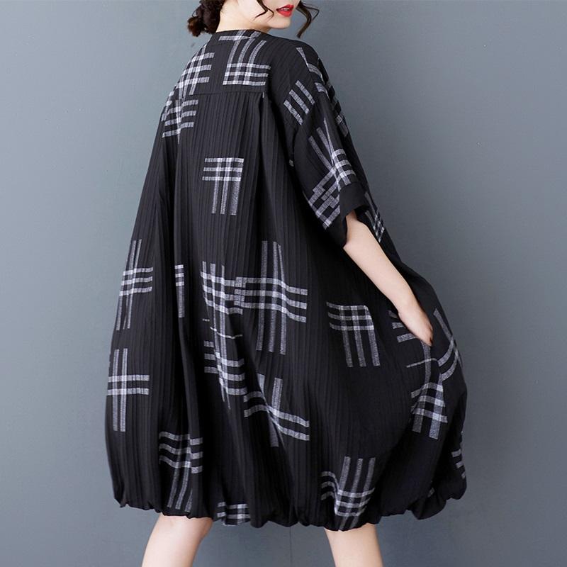 Short Sleeve Plus Size Black Vintage Plaid New In Dresses for Women Casual Loose Midi Summer Shirt Dress