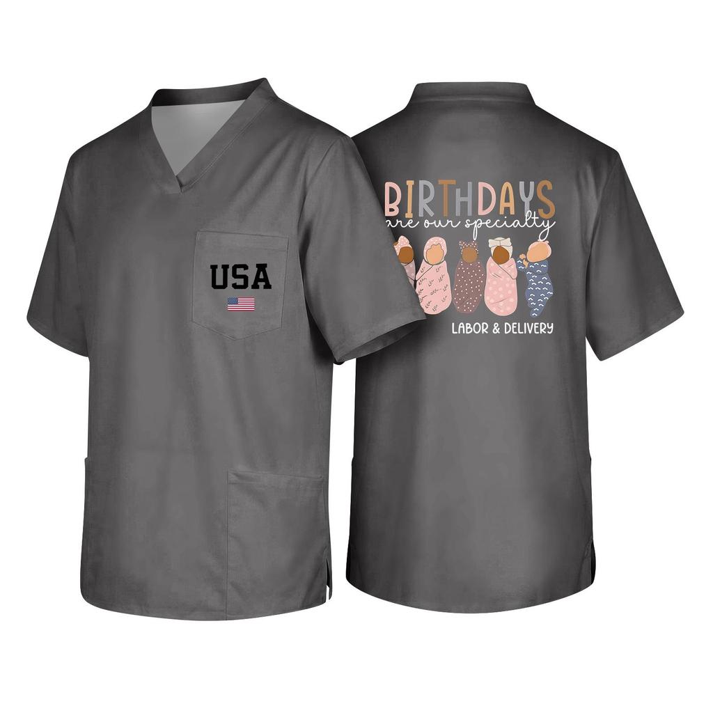 Men's Short Sleeve V-Neck Scrub Top with Pocket - Labor Day Fun Print - Uniform Tunic