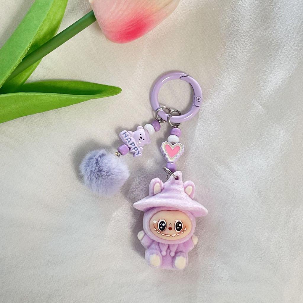 Flocking Labubu Doll Keychain - Cute 3-Year-Old Grain Doll DIY Mobile Phone Jewelry Accessory