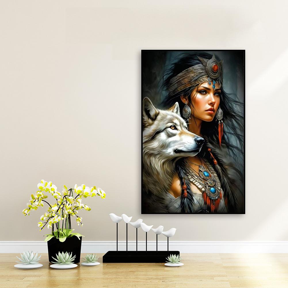 5D DIY Full Round Drill Diamond Painting Women&Wolf Home Decor Art Craft 40x60cm