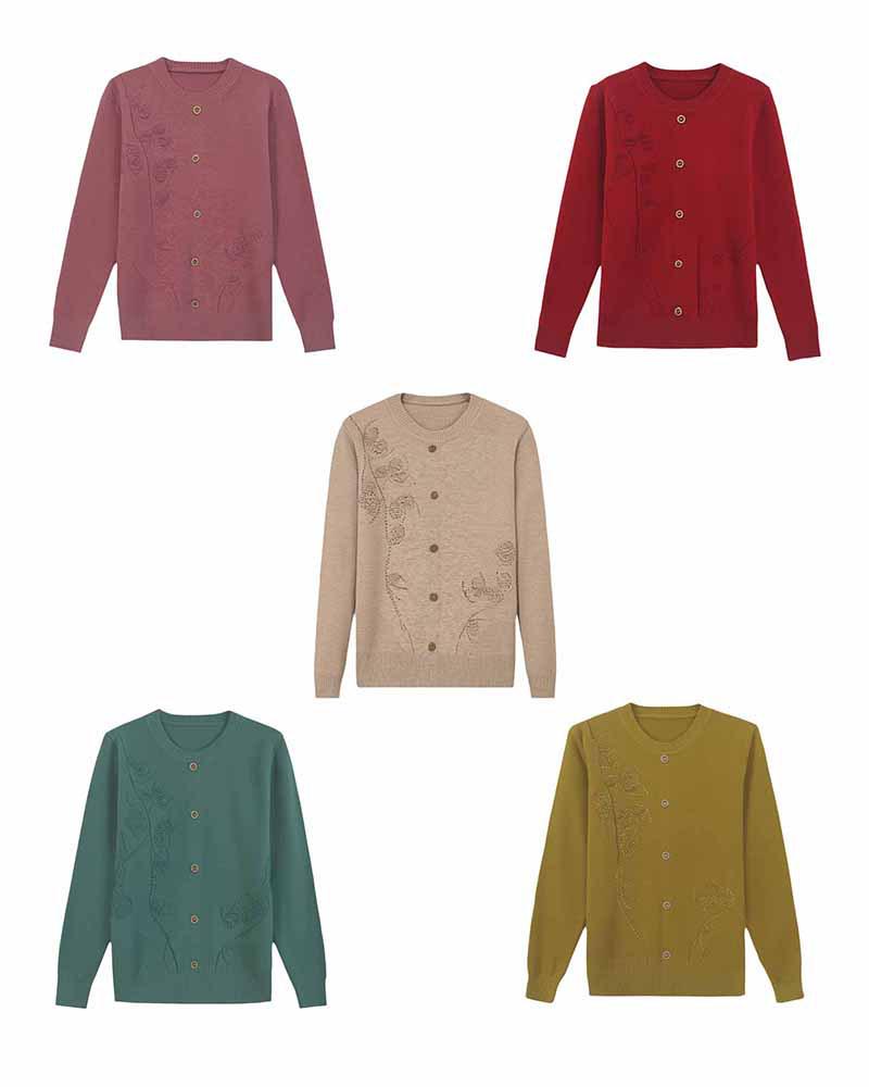 Women's Versatile Round Neck Embroidered Cardigan - Knitwear for Middle-aged and Elderly, Spring & Autumn, Mercerized Cotton