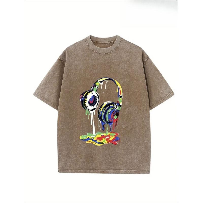 Colorful And Cool Headphone Printed T-Shirt, Wax Printed Cotton Retro Fashion Brand T-Shirt, Suitable for Summer T-Shirt with a Certain Thickness
