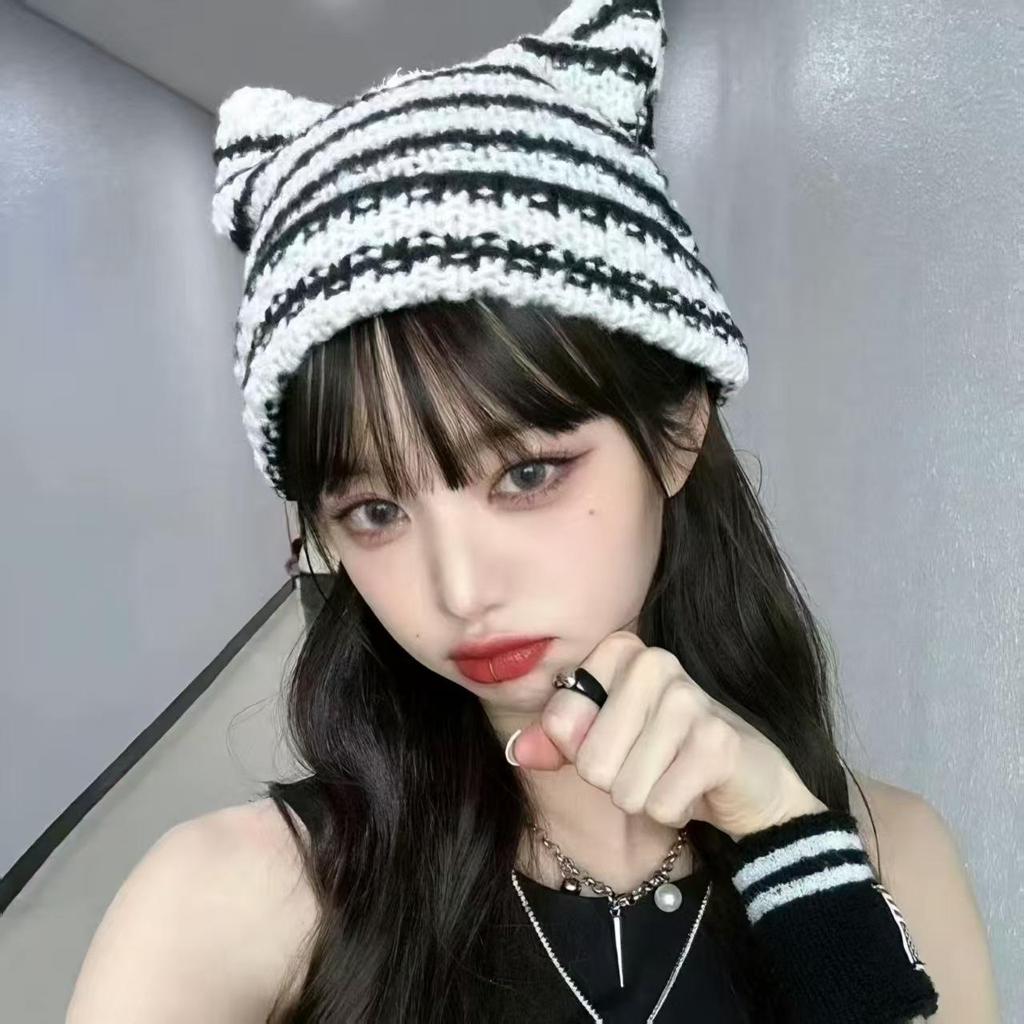 Korean Style Knitted Kitten Ears Beanie - Striped, Warm, Unisex Wool Hat for Students