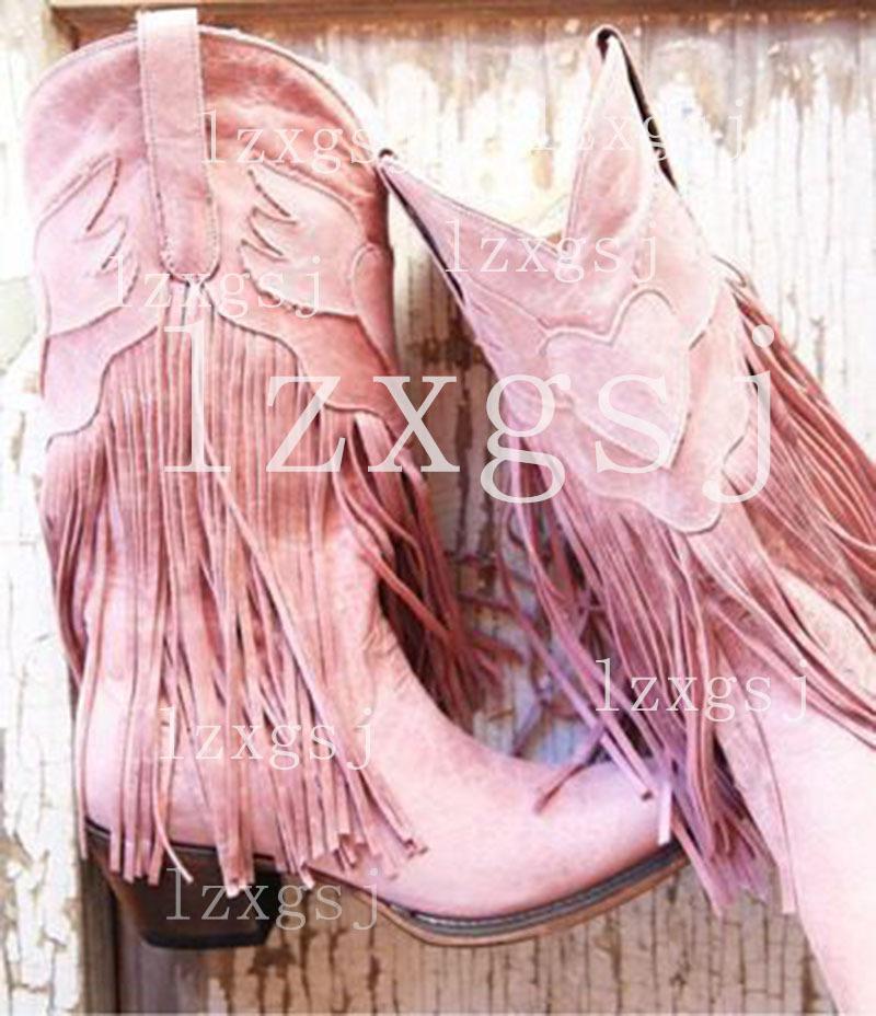 

Direct supply of European and American retro handmade shoes thick high-heeled medium boots women s PU pointed tassel boots 39 розовый