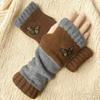 Gants en tricot sans doigts avec broderie de chat et patchwork, Gants décontractés ouverts aux doigts tendance pour femme, Mitaines chaudes d'hiver sans doigts