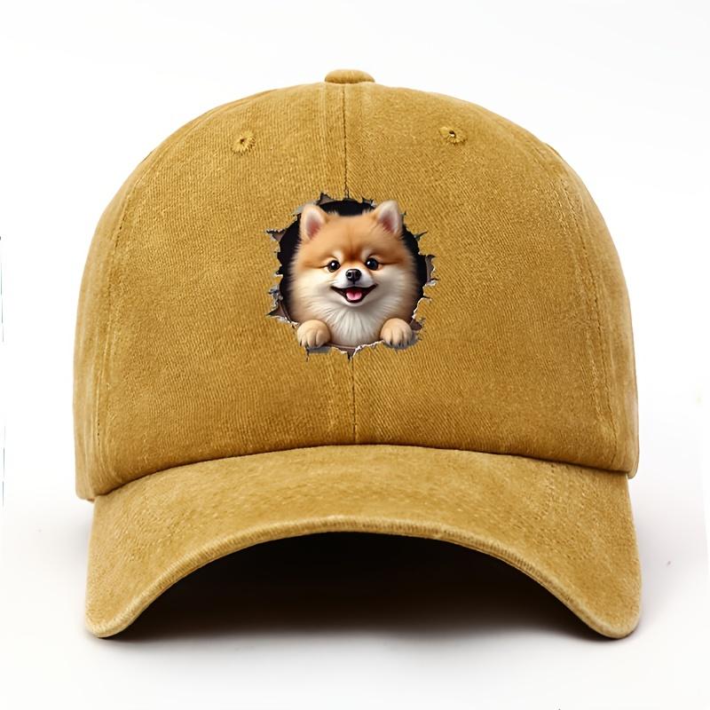 A Realistic And Adorable D Pomeranian Dog Baseball Cap for Women Featuring a Cute Plush Pet Peeking Through a Wall Window Des
