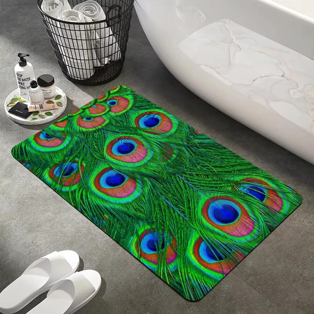 Peacock Feather Printed Floor Mat Vintage Bathtub Side Living Room Bathroom Rug Anti Slip Home Decoration Carpet