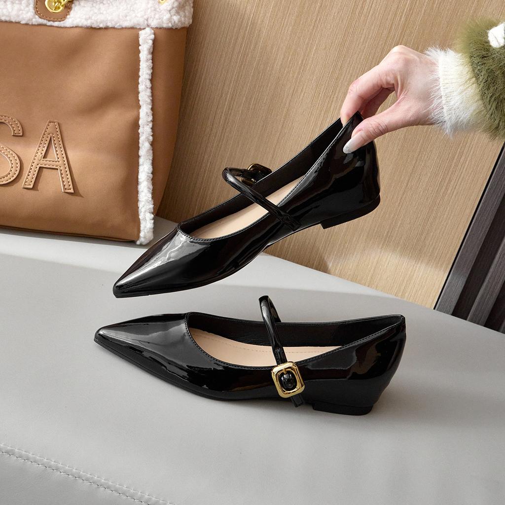 Sheepskin version~ 5cm small inner height increase French one-word buckle with patent leather Mary Jane shoes women's pointed head shallow mouth si