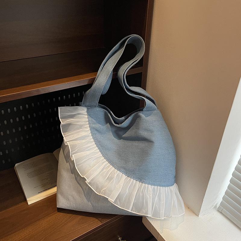 

Новая модная универсальная джинсовая кружевная сумка на плечо большой вместимости, сумка-тоут для поездок на работу, женская сумка премиум-класса синий