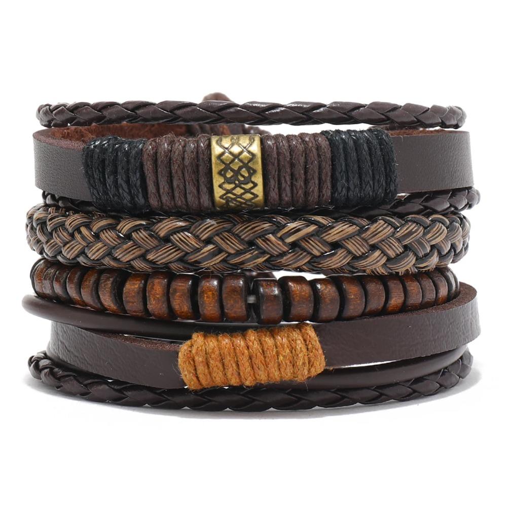 Braided Leather Bracelets for Men Vintage Life Tree Charm Wood Beads Ethnic Tribal Wristband Rope Bracelet Set