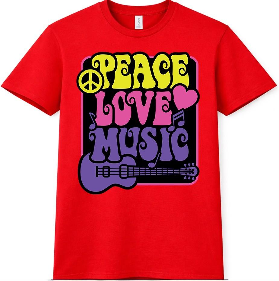 Peace Love Music T-Shirt Retro Guitar Graphic Hippie Style Tee S