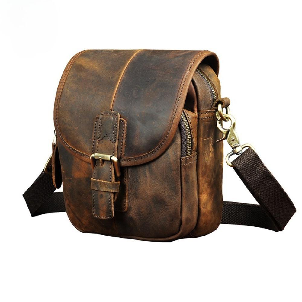Men Genuine Crazy Horse Leather Waist Pack 7-Inch Vintage Outdoor Hip Bag with Hook Phone Camera Pouch Male Crossbody Bags