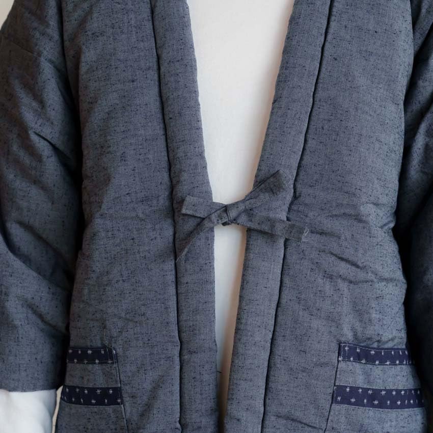 winter padded hanten warm and comfortable gray with patterned pockets one size fits [Yurakuan] Japanese-made Kurume-style men's (Japanese-style