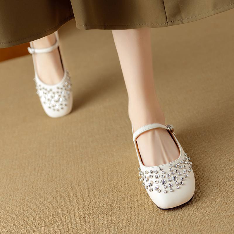 Krazing Pot Sheepskin Summer Autumn Size 40 Low Heels Crystal-studded Mary Janes Square Toe Gladiator Shallow Pumps