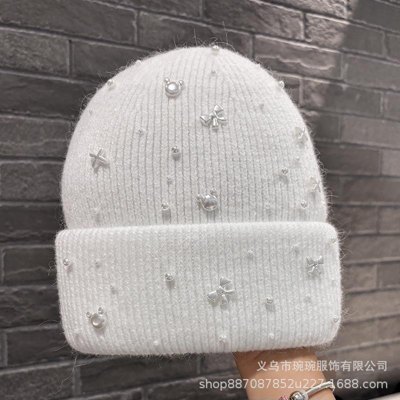 Autumn and winter new pearl bow light luxury wool hat women's big head circumference shows a small face, cold-proof ear protection knitted hat