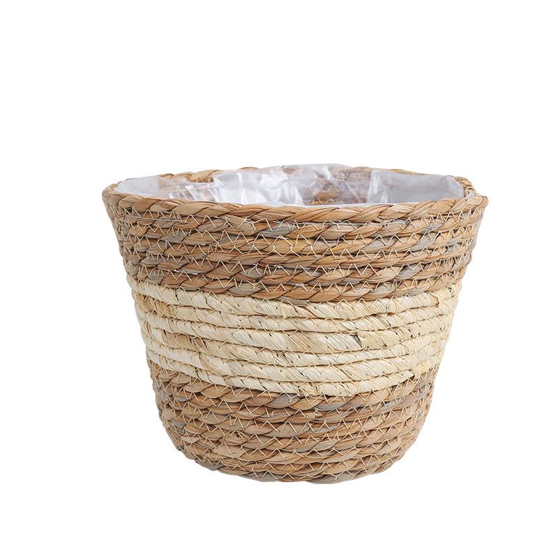 Rattan Woven Flower Basket for Home and Balcony Decor with Green Plants