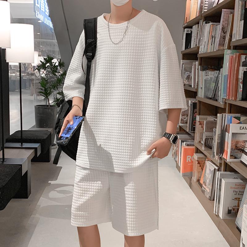Men's Trendy Waffle Sports Suit with Short-Sleeved T-Shirt for Summer