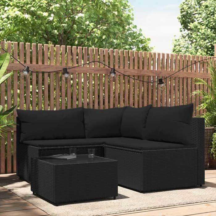 VidaXL Salon de jardin 4 pcs avec coussins Noir Résine tressée, ensemble de salon d'extérieur, ensemble de mobilier 319781