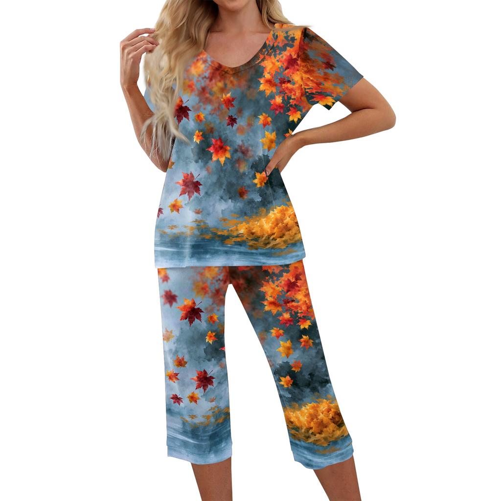 Women's 2 Piece Tracksuit Set Leaf Print Short Sleeve Top and Pants Casual Sportswear